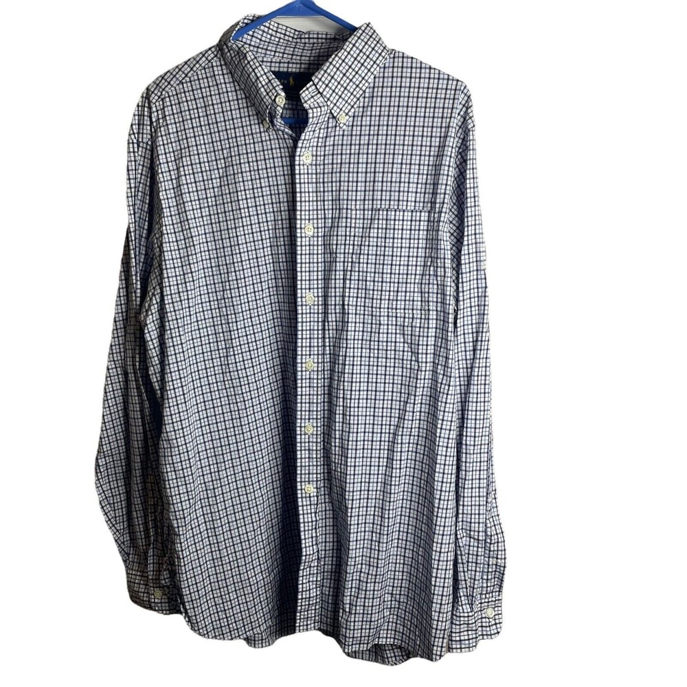Polo Ralph Lauren Shirt Mens Extra Large Check Blue White Stretch Poplin